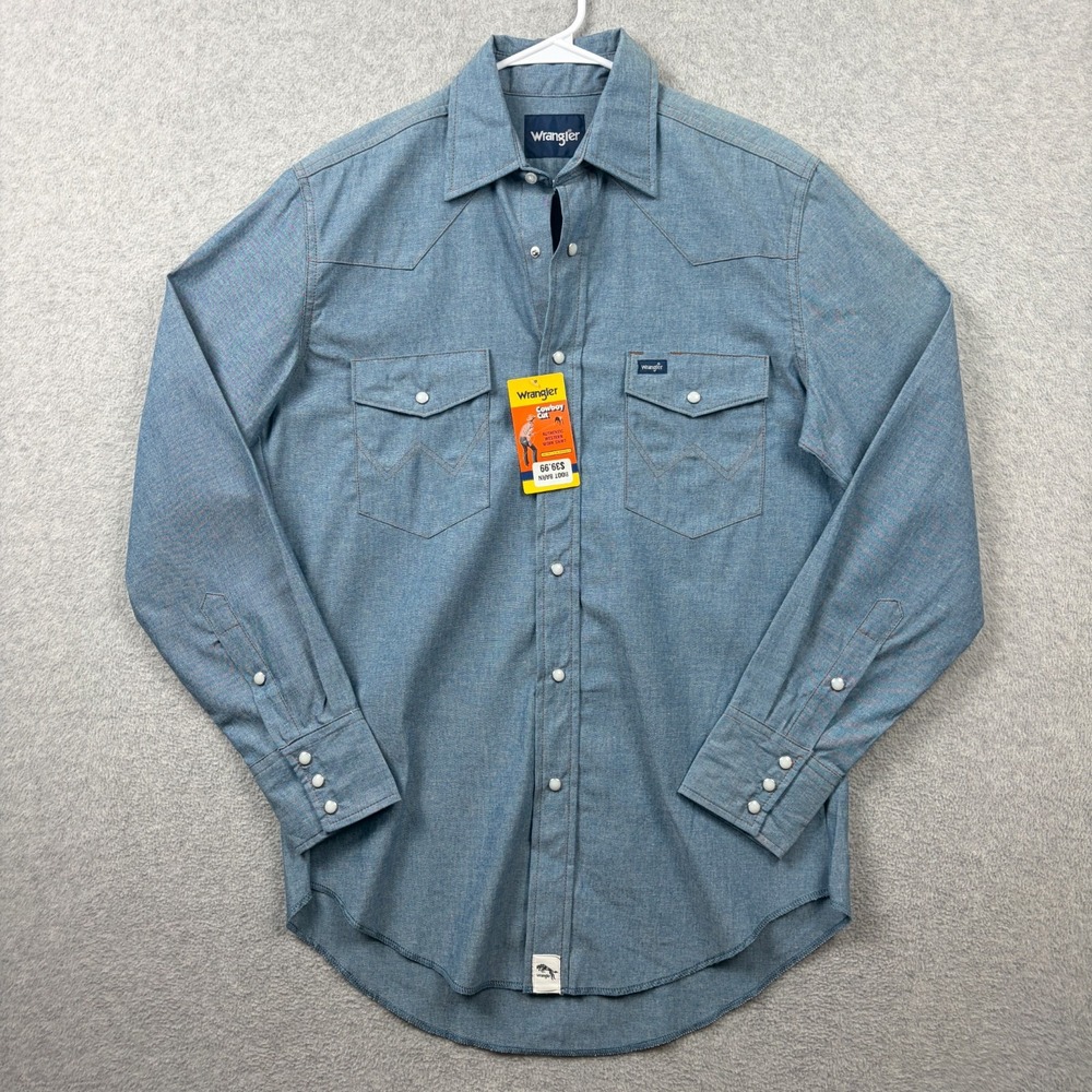 Wrangler Shirt Mens Medium Blue Chambray Pearl Snap Long Sleeve Work Western NWT